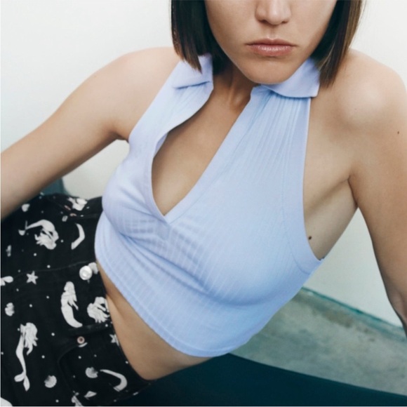 Zara Light Blue Collared Ribbed Crop Top Small - Picture 2 of 10